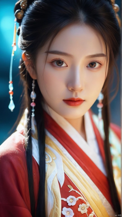 Ultra realistic, Intricate, Epic movie scene),1girl,pretty eyes,hanfu,full body,(huge breasts:1.7), casting an otherworldly radiance on its surroundings,(Intricate, Lots of tiny details, amazing lighting, amazing setting),(Colorful, Ultra Realistic, High quality, Highly detailed, Sharp focus, 8K UHD, Ultra realism,(smile:0.3)