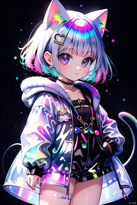 (3 views:2),Front,measuring surface,back,Dark Simple Background,transparent color PVC clothing,transparent color vinyl clothing,prismatic,holographic,chromatic aberration,fashion illustration,masterpiece,cat with harajuku fashion,looking at viewer,8k,ultra detailed,pixiv,