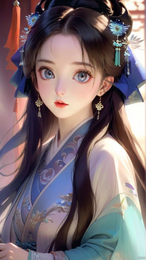 Best quality, masterpiece, highres, Film light effect,an extremely delicate and beautiful, original, extremely detailed wallpaper,1girl,pale skin, long hair,large breasts,looking at viewer, eye contact, clothes1beizi,hanfu,simple background, big eyes, eye light, retro texture, beautiful face,
