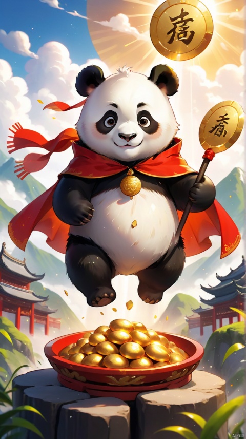 masterpiece,best quality,8K,official art,ultra high res,Panda, gold ingots, cute ,The cloud, wearing a red cape, The Hat of the Chinese God of Wealth, warm sunshine from above sprinkled down, harmonious and beautiful picture