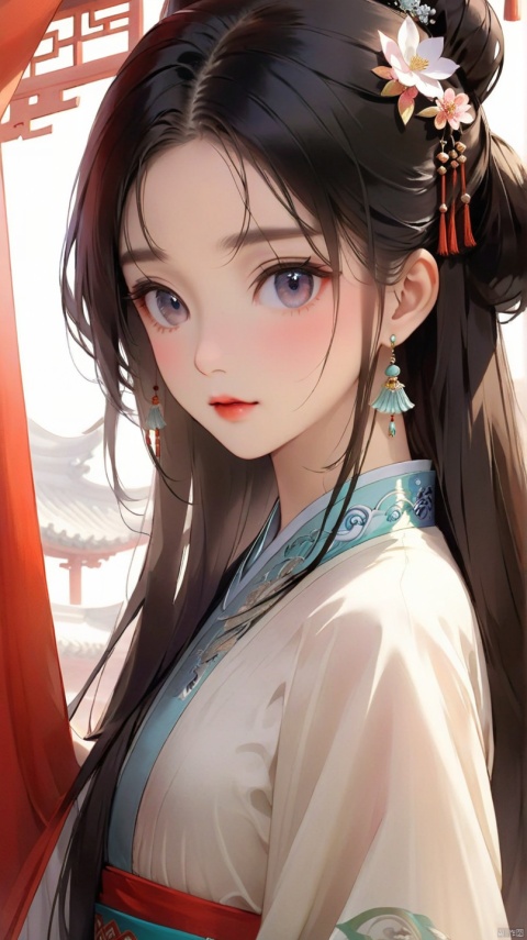 Chinese girl,Cover your face with simlebehind a silk curtain, frontview, half body short.exquisite clothing detail, (Long hair.), Leave a lot of white space, zen, graphic,Chinese ancient architecture, hanfu,updo