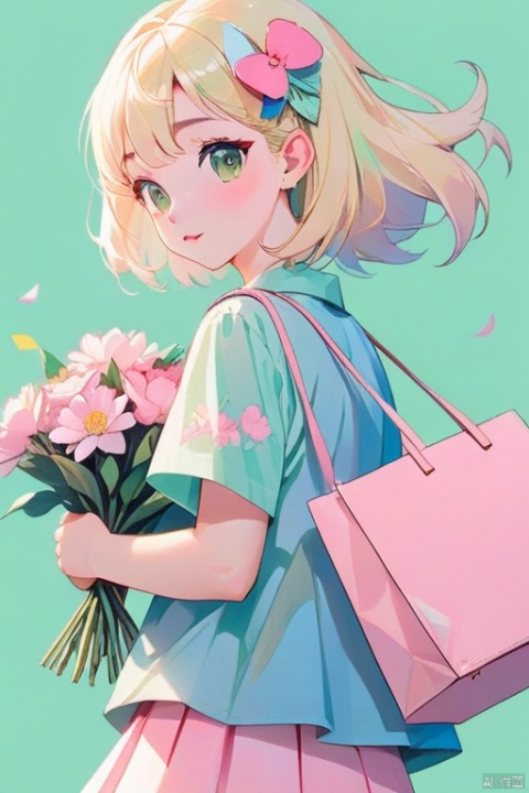 flat illustration,Minimalism,Geometry,abstract Memphis,anime portrait,close shot,holding a bouquet of flowers in hand,focus on face,little girl wearing light green shirt,Short pink skirt,Holding flowers in hand,Light pink canvas bag on shoulder,Long platinum blonde hair,Lane Blue Background,style expression,celluloid