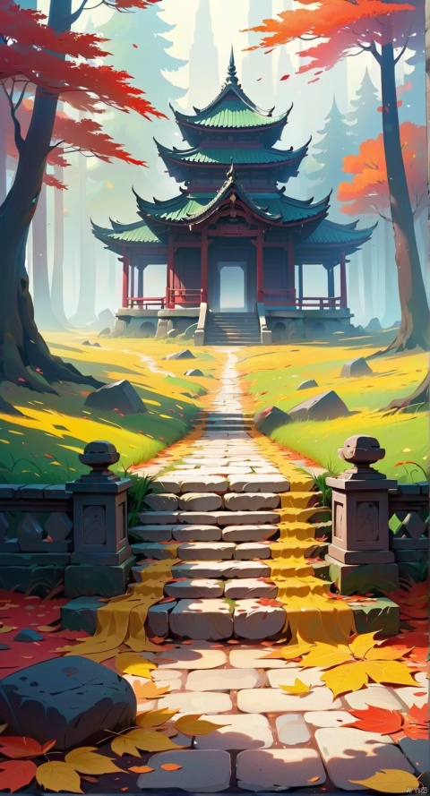 A very dilapidated stone temple (the surrounding undulating terrain the road covered with fallen leaves, the grass withered and yellow), stone tablet, dark theme, surrealism, masterpiece, best quality, high resolution, subtle details, real shadows,no people and animals, deep forest, fallen leaves distributed around, mist, gray-green scene, autumn,