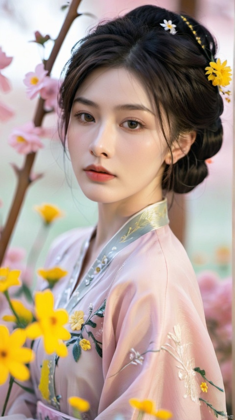 A woman in traditional Hanfu wears a dark updo decorated with yellow flowers and hairpins. Her makeup is sophisticated, with an emphasis on the eyes and lips. She wears a light pink Hanfu with intricate embroidery and patterns, with flowers in the background