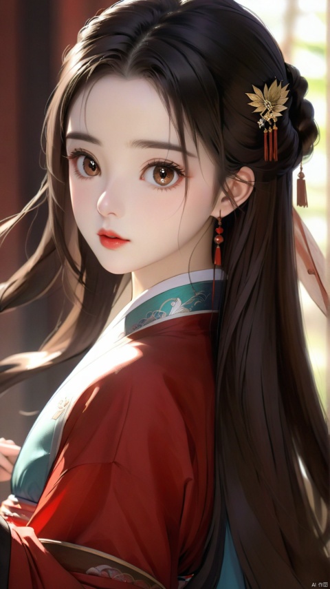 hanfu, 1girl, solo, long_hair, brown_hair, black_hair, brown_eyes, parted_lips, lips, realistic, nose,
realistic,cinematic lighting,strong contrast,high level of detail,Best quality,masterpiece,uodo,