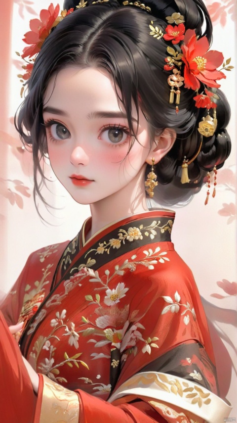 The image showcases a female dressed in a traditional Hanfu. She has a black updo hairstyle adorned with red flowers and golden accessories. Smile shyly,Her makeup is subtle,with a focus on her eyes and lips. She is wearing a red garment with intricate gold embroidery and patterns.,
