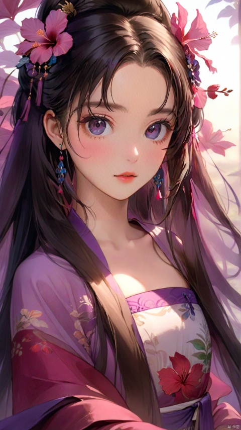  Best quality, masterpiece, highres, Film light effect,an extremely delicate and beautiful, extremely detailed wallpaper,1girl,long hair,looking at viewer, hanfu, big eyes, beautiful face, purple gauze,Rose hibiscus,frown,Eye the camera,A face without blemishes.front view.