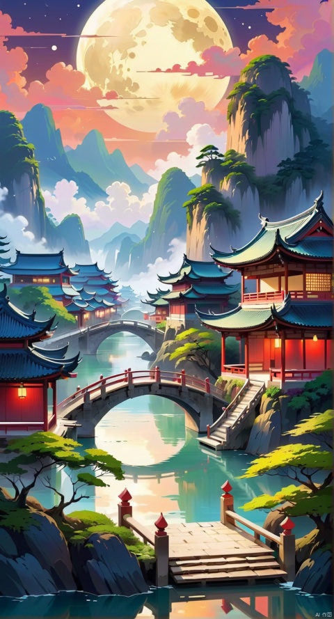 Wall mural style with gold-colored paint,Scenery of the  water towns,Huizhou-style architecture,trees,houses,mountains,moon,clouds,moonlight,river,reflection,arch bridge,steps,pavilion,moss,rocks,sky,cloud,fog,