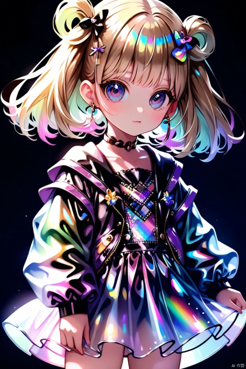 (3 views:2),Front,measuring surface,back,Dark Simple Background,transparent color PVC clothing,transparent color vinyl clothing,prismatic,holographic,chromatic aberration,fashion illustration,masterpiece,little giral with harajuku fashion,looking at viewer,8k,ultra detailed,pixiv,