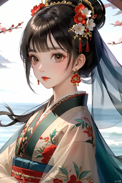 masterpiece,best quality,8K,official art,ultra high res,1girl,A patchwork of patterns,Beautiful eyes,Brown eyes,chinese clothes,hanfu,jewelry,hair ornament,upper body,solo,earrings,flower ocean,remains,flower,black hair,necklace,teeth,hair bun,dress,parted lips,hair flower,((full body)),dress,hanfu,embroidery,exquisite,meticulous,(tulle:1.4),
