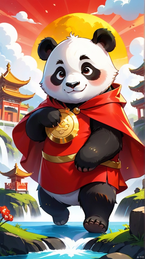 masterpiece,best quality,8K,official art,ultra high res,Panda, gold ingots, cute ,The cloud, wearing a red cape,warm sunshine from above sprinkled down, harmonious and beautiful picture
