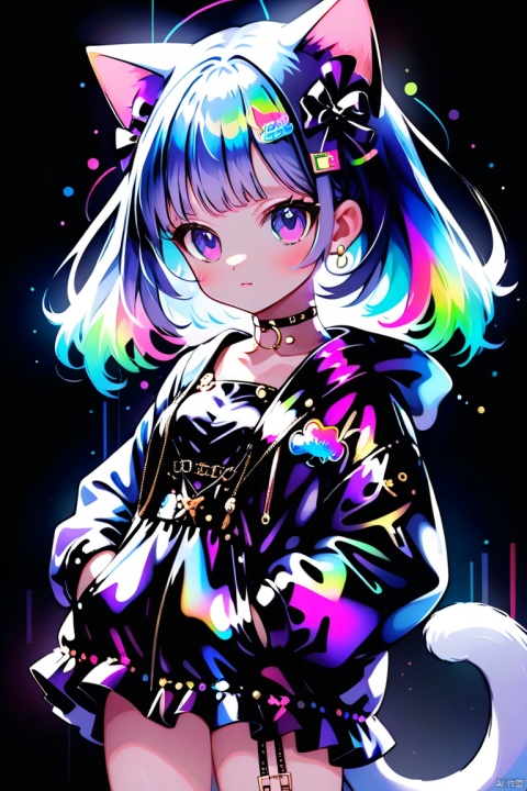 (3 views:2),Front,measuring surface,back,Dark Simple Background,transparent color PVC clothing,transparent color vinyl clothing,prismatic,holographic,chromatic aberration,fashion illustration,masterpiece,cat with harajuku fashion,looking at viewer,8k,ultra detailed,pixiv,