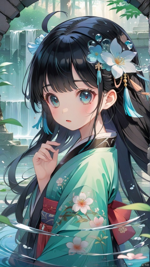 a female figure dressed in a traditional hanfu, forest,ruins,dynamic angle,black hair,detailed cute anime face,((loli)),flower,cry,water,corrugated,flowers tire,broken glass,(broken screen),atlantis,transparent glass,