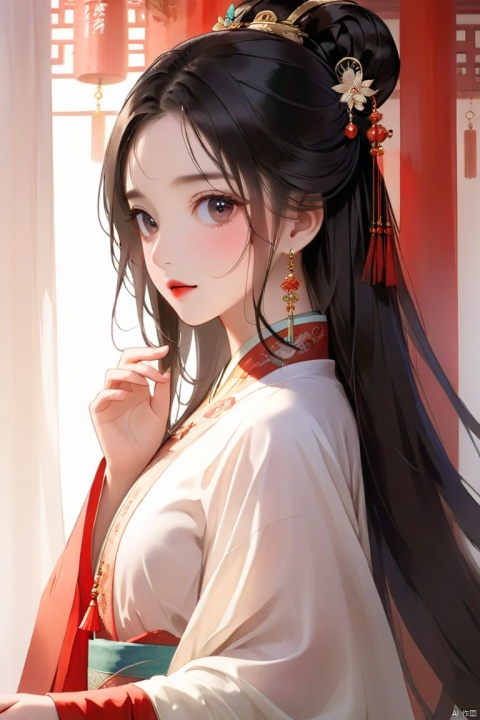 Chinese girl,Cover your face with simlebehind a silk curtain, frontview, half body short.exquisite clothing detail, (Long hair.),  Leave a lot of white space, zen,  graphic,Chinese ancient architecture, hanfu,updo
