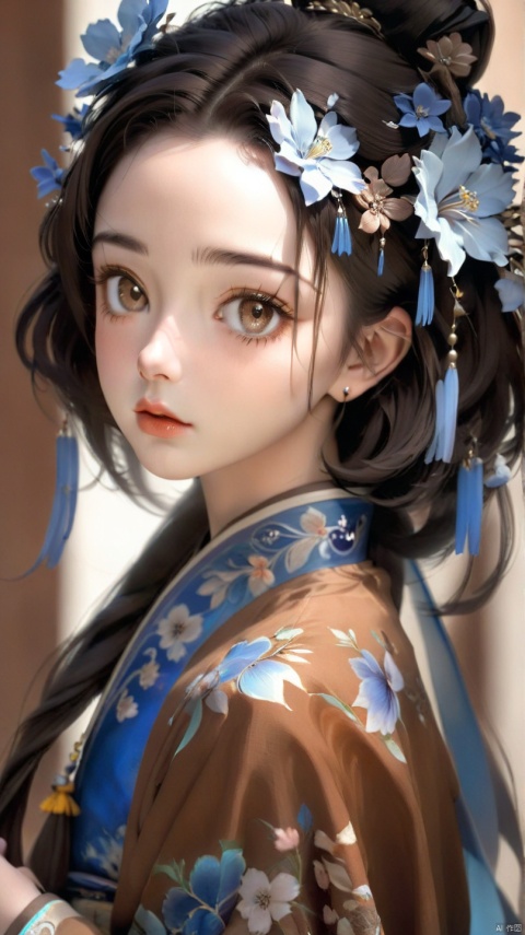 1girl, hanfu,upper  body,brown background, black hair, short hair, 45 degree profile, blue fashion costume with flowers pattern, emotional face, ((close up)), studio light, studio, (((brown eyeshadows, make up portrait, brown lips))),cute face,