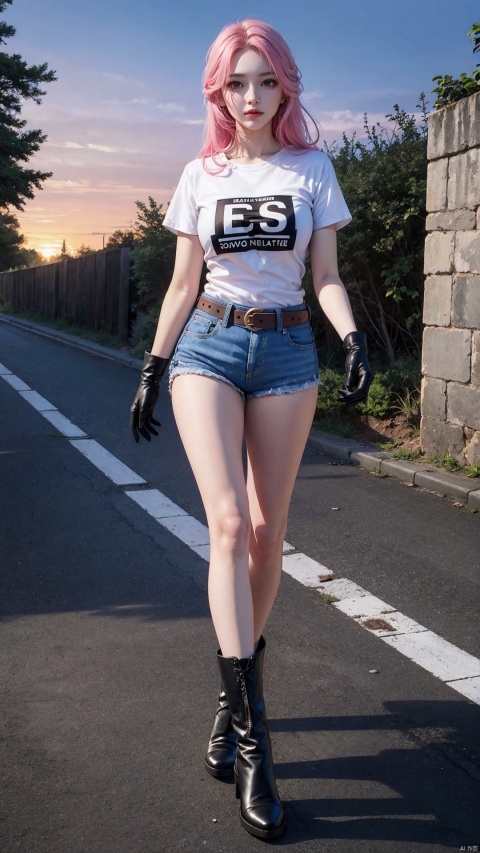 Perfect body, fine detail, super clear image, (long hair), (masterpiece, highest quality), (structure), hand detail fine, elegant young woman, walk, full hands, oily skin, slim legs, full body, sunset dusk, pink hair, black gloves, ankle boots, white T-shirt, blue denim shorts, leather belt, black gloves