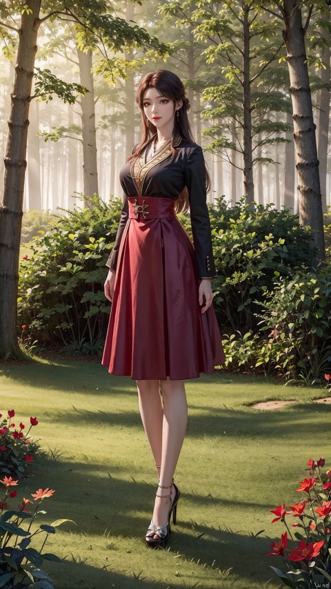 Perfect body, fine details, super clear images, (long hair), (masterpiece, best quality), (structure), hand details fine, elegant young woman, full body standing, period dress, complete hand, forest scenery, red woods, maple trees