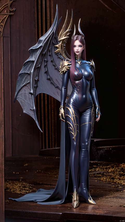 Perfect body, fine detail, super clear image, (long hair), (masterpiece, highest quality), (structure), hand detail fine, elegant young woman, full body standing, complete hand, sci-fi scenery, devil's wings, alien scenery, steel wings