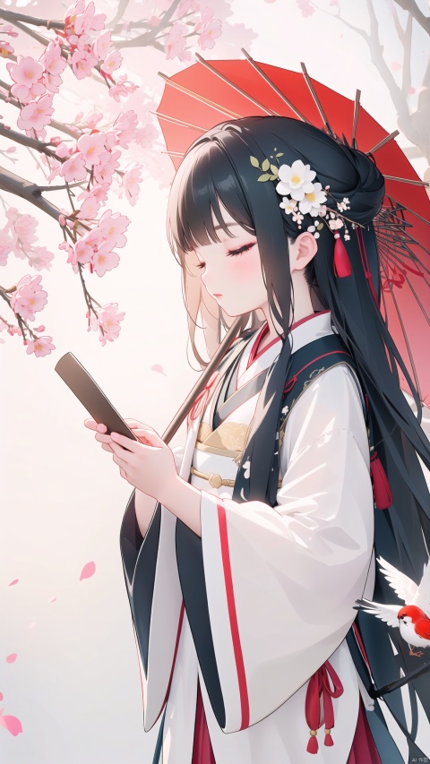  1girl, solo, long hair, black hair, hair ornament, long sleeves, dress, ribbon, holding, closed mouth, standing, closed eyes, flower, hair flower, wide sleeves, hair bun, from side, makeup, bird, umbrella, chinese clothes, tassel, shawl, holding umbrella, branch, red lips, oil-paper umbrella, hanfu, crane \(animal\)