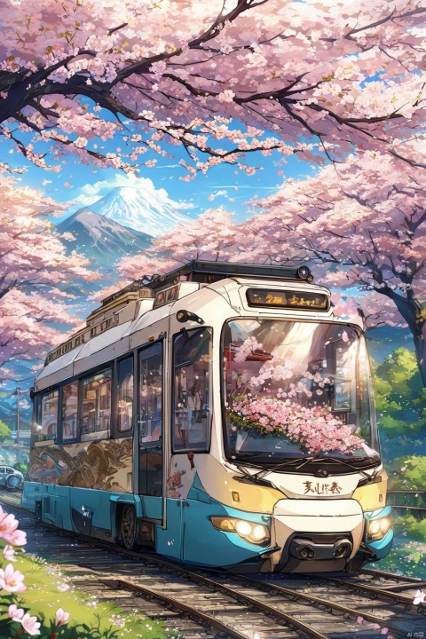  Ukiyo-style, anime art style, gorgeous rich graphics, flowers, no one, cherry blossoms, ground vehicles, landscapes, motor vehicles, cars, vehicle focus, trains