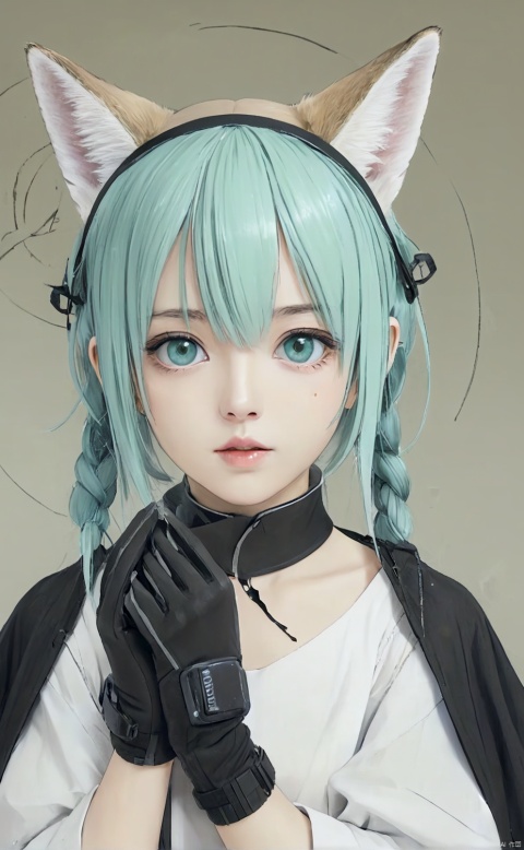  1girl animal_ears arknights art_tools_in_frame black_gloves blue_hairband braid braided_hair_rings character_name fox_ears fox_girl gloves green_eyes hair_rings hairband haru_(aona1122) highres infection_monitor_(arknights) looking_at_viewer open_mouth oripathy_lesion_(arknights) single_glove single_wrist_cuff solo suzuran_(arknights) traditional_media twin_braids upper_body wrist_cuffs
