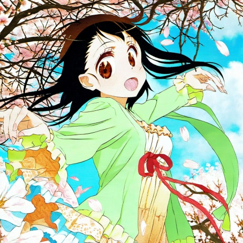 Kosaki Onodera, 1girl, solo, cherry blossoms, open mouth, brown eyes, smile, brown hair, dress, outdoors, looking at viewer, petals, tree, album cover, sky, ribbon, black hair, jacket, red ribbon, long sleeves, nail polish, frills, short hair, long hair, asymmetrical hair, cover, cloud, cardigan, blue sky, open clothes, open cardigan, blush, wind, breasts, fingernails, spring (season)