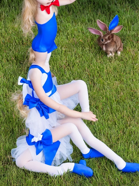 a perfect photo of a young girl, masterpiece, 1girl, solo, blue eyes, bow, long hair, animal ears, leotard, thighhighs, playboy bunny, wrist cuffs, blue leotard, blonde hair, looking at viewer, blue bow, detached collar, bowtie, sitting, rabbit ears, white background, white thighhighs, strapless leotard, fake animal ears, strapless, very long hair, blue footwear, simple background, highleg leotard, hair bow, highleg, thighs, blue bowtie, closed mouth, high heels, bangs, arm up, 