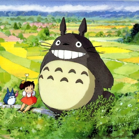 (Totoro), Hayao Miyazaki style, multiple girls, 2girls, outdoors, day, brown hair, shirt, whiskers, sitting, sky, skirt, dress, cloud, smile, short sleeves, shoes, tree, short hair, ponytail, blue sky, yellow shirt, animal, child, creature, grass, plant, collared shirt, black eyes, nature, red dress, black hair, open mouth, looking at viewer, grin, red skirt, orange skirt, female child, bow, white shirt, mountain, teeth, hill, cloudy sky, flower, looking at another, road, bug, parody