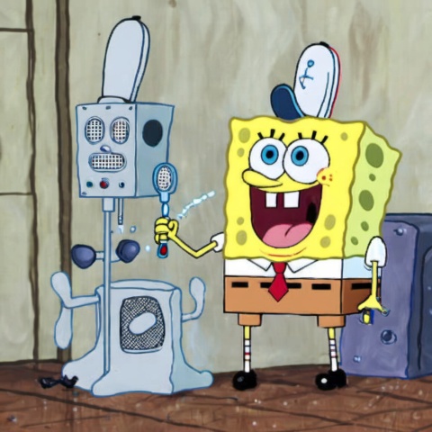 SpongeBob SquarePants, necktie, open mouth, blue eyes, shoes, teeth, shirt, red necktie, yellow skin, white shirt, indoors, 1boy, solo, microphone, male focus, looking at viewer, parody, blue footwear, cable, socks, surprised, electrical outlet, short sleeves, wide-eyed, television, collared shirt, monitor, meme, crossover, tail, standing, full body, 1other, yellow gloves, tongue, holding, no humans, cosplay, school uniform, monster, 1girl, electric plug, computer