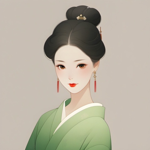 1girl, solo, earrings, black hair, jewelry, hair bun, looking at viewer, single hair bun, hair ornament, simple background, upper body, red lips, kimono, makeup, green kimono, closed mouth, japanese clothes, from side, lipstick, brown eyes, black eyes, hair stick 