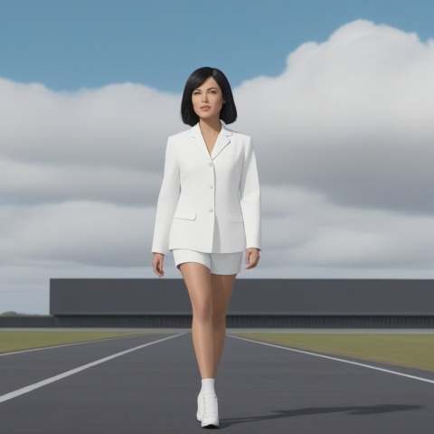 sprsum, a woman walking on runway , black hair, solo focus, shirt, crowd, jacket, pantyhose, white shirt, realistic, looking at viewer, walking, short hair, standing, full body, closed mouth, open clothes,dsicogirl,Spirited Away