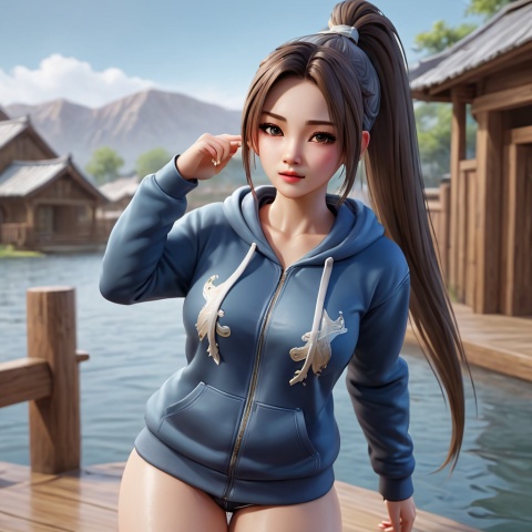 masterpiece,best quality,illustration,,1 girl,(huowula:1.2),detailed face,Hoodies,detail body,Long ponytail,cowboy shot,detailed background,sexy,Sweet expression, hignity 8k wallpaper,beautiful detailed water,beautiful detailed face,fluttered detailed splashs,intricate detail,highres ,UI