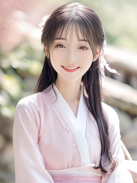 1girl,,white short sleeve shirt,pink pleated skirt,outdoor background,upper body,long hair,smile,delicate skin, ,Kagura,hanfu