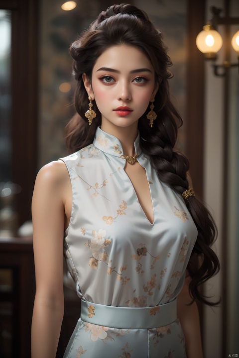 a female figure with long,flowing hair that transitions from dark at the top to a lighter shade towards the ends. Her hairstyle appears to be inspired by traditional East Asian aesthetics,featuring intricate details such as braids and adornments. She has distinctively large,expressive eyes with a soft gaze,and her facial features are delicate,highlighted by subtle makeup including a faint lip color. The attire she wears seems to combine elements of traditional and modern fashion,it features a light blue strap over a white garment with ornate patterns,suggesting a possible influence of East Asian textiles. There's also a hint of jewelry,**** a pair of earrings and what looks **** a decorative clasp or pendant on her attire. The overall presentation is set against a smooth,gradient background shifting from a soft purple at the top to a lighter hue near the subject.,