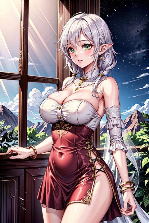  (masterpiece, best quality, high quality, highres, ultra-detailed),realistic,(1girl:1.5),solo,cowboy shot,the greater lord rukkhadevata,(side braid:1.1),long hair,((white hair)),leaf hair ornament,(pointy ears),elf,green eyes,pale skin,bare shoulders,huge breasts,Smooth legs,plump,jewelry,white long dress,(detached sleeves:1.1),bracelet,(looking away:1.2),(hair floating:1.3),(god rays from right:1.2), Rukkhadevata,(kozue-liyue:1.2), standing by the window, hotel, French window, mountain, tree, night, sky, liyue-kozue