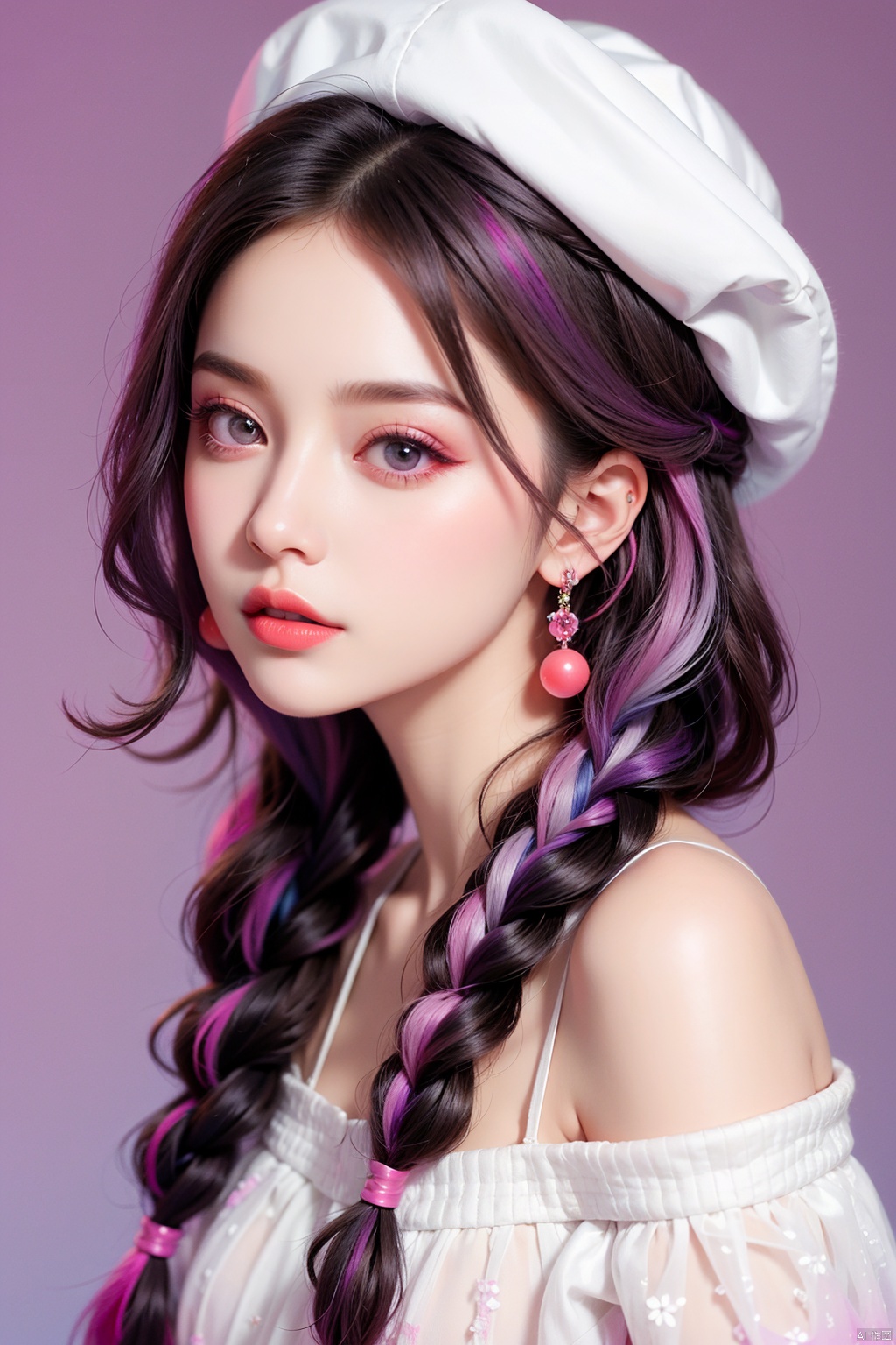1girl,long white hair,hat,jewelry,shut up,purple eyes,upper body,purple hair,braids,multi-colored hair,earrings,double braids,sweater,lips,gradient,gradient background,eyelashes,makeup,pink background,portrait,shoulder hair,real,red lips,