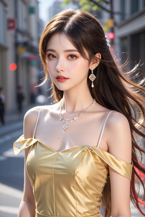 1girl,Bangs, off shoulder, colorful_hair, ((colorful hair)),golden dress, yellow eyes, chest, necklace, pink dress, earrings, floating hair, jewelry, sleeveless, very long hair,Looking at the observer, parted lips, pierced,energy,electricity,magic,tifa,sssr,blonde hair,jujingyi,wangyushan, depth of field