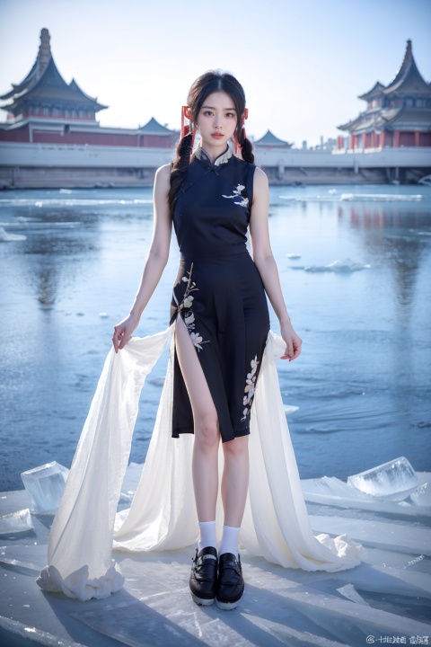 (ice chinese palace:1.6),[(white|black)_hair:2],the girl is in the palace,1girl\(red chinese dress,golden Ice Crown,ice wings:1.3),ice_flower,glittering,(twintails:1.3),(solo:1.3),(full body:1.3),masterpiece,best quality,unreal engine 5 rendering,movie light,movie lens,movie special effects,detailed details,HDR,UHD,8K,CG wallpaper