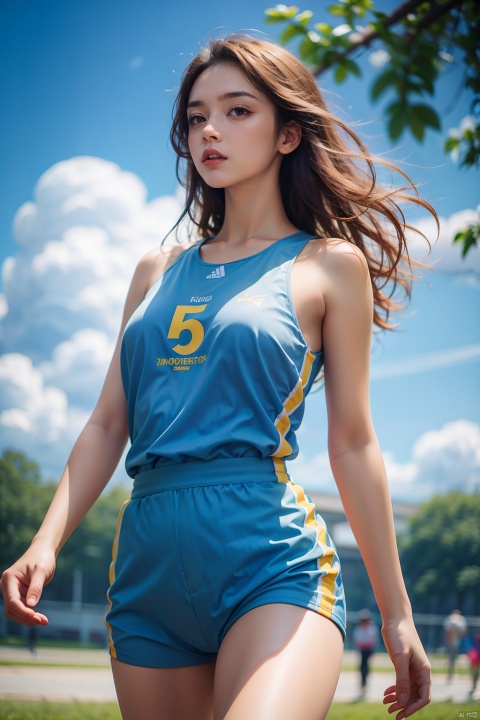 High quality,illustrations,watercolor:0.5,1girl,the movement style,run,a dog,one arm to wear sports watches,clouds,in the face of lens,the tree,the outdoors,cheerful candy \(module\),