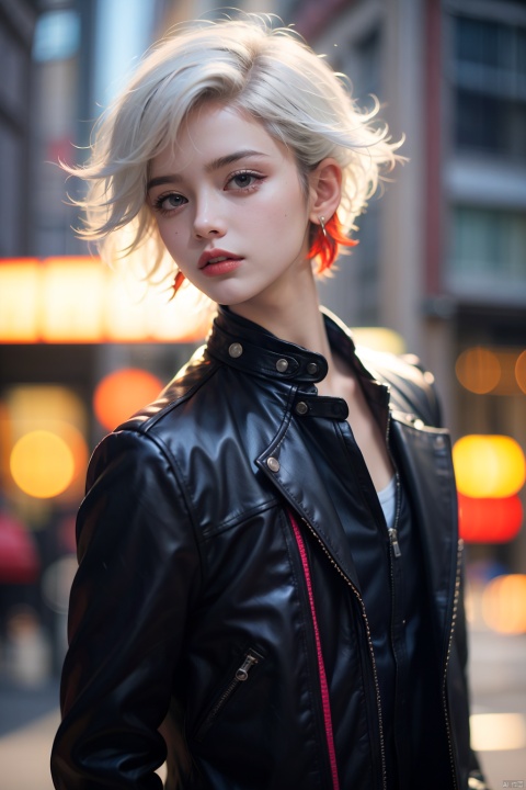 1boy,outdoors,looking at viewer,upper body,multicolored hair,full_shot,white hair,messy hair,cross_earrings,panorama,multicolored_background,short hair,hair in takes,black leather jacket,