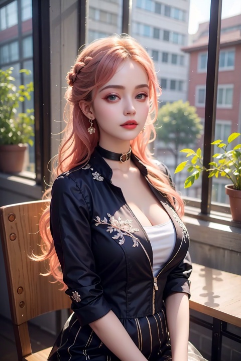  1girl, breasts, choker, cleavage, solo, jewelry, earrings, looking at viewer, long hair, large breasts, indoors, window, chair, classroom, pink hair, shirt, uniform, lips, blue jacket, desk, jacket, black choker, day, brown eyes, upper body, white shirt, realistic, parted lips, v arms, yunyouyou, luoxinyu