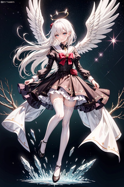  1girl,(lolita:1.2),(full body:1.6),Light particle,(((very long hair))),(white hair:2),((light smile)),((flying)),glowing eyes,((sailor collar)),((collared_dress)),(((long sleeves))),((white thighhighs)),((juliet sleeves)),(beautiful detailed glow),((angel halo)),((large wings)),detailed ice,beautiful detailed water,((floating palaces:1.2)),(ice crystal texture wings),(starry tornado:1.4),starry Nebula,beautiful detailed sky,kneehighs,lace,fine_fabric_emphasis,sunlight,extremely light,extremely clothes,Holy Light,dynamic angle,white silkangel wings,multiple wings,(((starry sky))),dusk sky,Floating light spot,Lots of feathers, greyscale, backlight