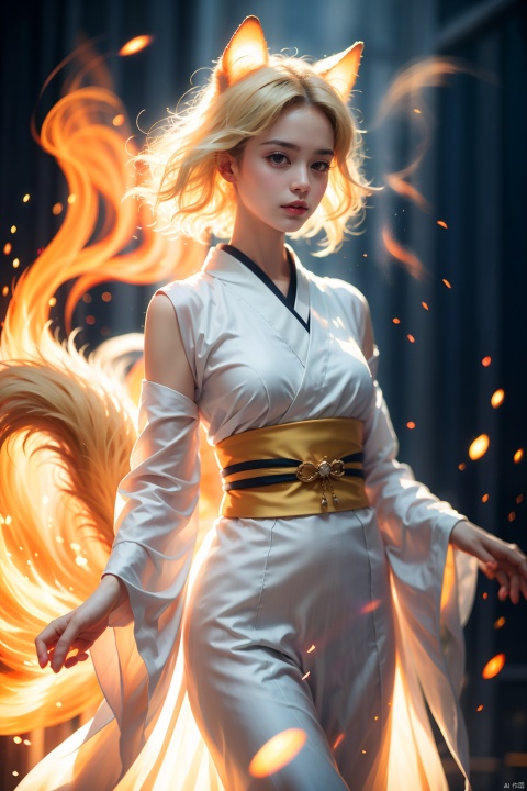 Spiritual Guidance,a beautiful Kitsune woman wearing white kimono with nine white tails casting glowing magic spells,Glowing light blue magic circle,Glowing magic effects,orange lightings,flames,dark background,particle effects,highly detailed,ultra-high resolutions,32K UHD,best quality,masterpiece,