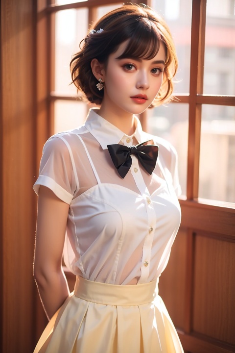  realistic, octane render, 3D CG,

1girl, solo, shirt, white shirt, brown eyes, bow, brown hair, blurry background, blurry, short hair, skirt, arm behind back, bangs, bowtie, hand up, short sleeves, jewelry, black bow, earrings, school uniform, indoors, collared shirt, looking to the side, lips, stuffed toy, black skirt, bob cut