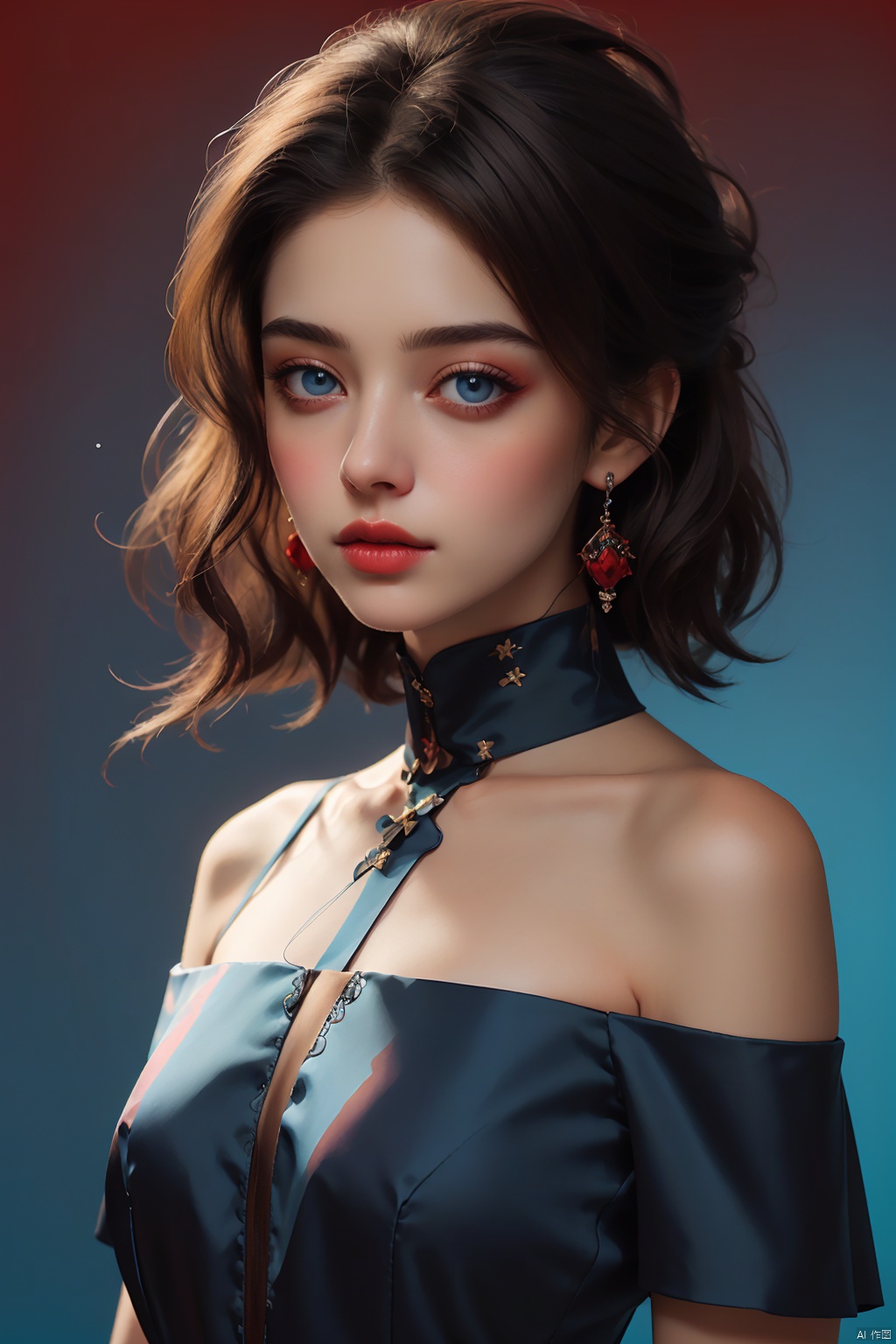 realism, portrait, moyo,1girl,solo exhibition, beautiful face, delicate eyes, off-the-shoulder gauze dress, ((red background, blue background, gradient background,))

