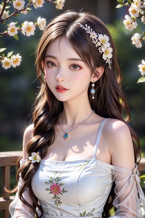  1Girl, nangongwan,(medium breasts:),((upper body:0.7)),half body photo, female solo, depth of field,china_dress,earrings,jewelry, jujingyi,(best quality),((masterpiece)),(highres), original, (extremely detailed 8K wallpaper), overexposure,1girl,(medium breasts),(an extremely delicate and beautiful),(Beautiful and detailed eye description),(Beautiful and detailed facial depiction),(solo),(upper body),Rainskirt,hair ornament, necklace, jewelry,earrings,chinese style architecture,wavy hair,messy hair,swept bangs,masterpiece, best quality, 1girl,solo,flower,hair bun,hanfu,water,bare shoulders,black hair,chinese clothes,off shoulder,dress,long sleeves,hair ornament,branch,single hair bun,white flower,leaf,red lips,jewelry,(complex background),(gorgeous costume:1.1),(flowers surround thepicture:1.2)