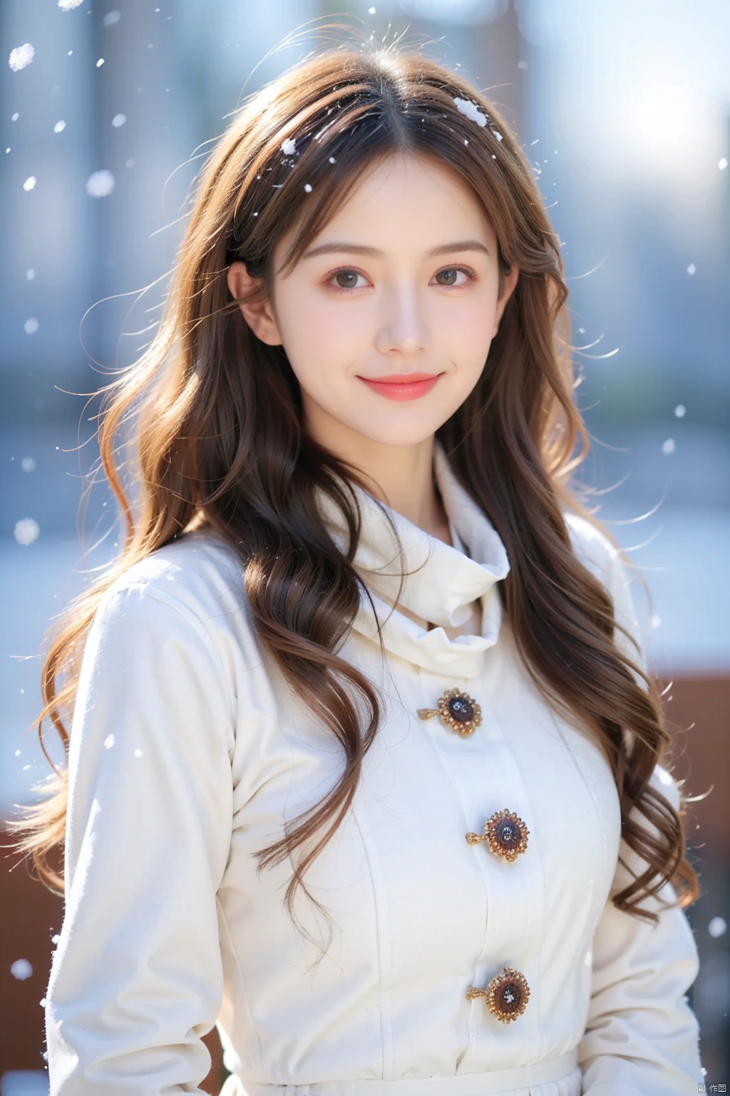  1girl, (snow:1.2), (snowing:1.2), snow, solo, scarf, long hair, smile, brown hair, bokeh, realistic, coat,Hands behind your back,Cute, shy, smiling,Close up of the mountain's half body, without revealing one's hand,Background blurring, shallow depth of field,Random clothes, random background environment