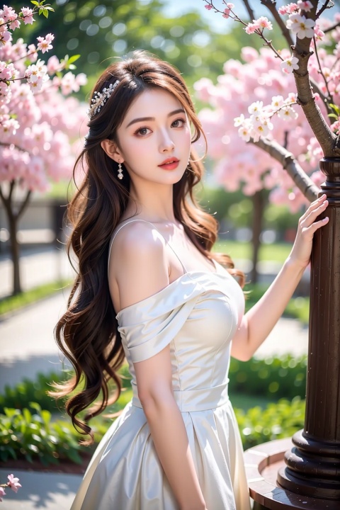  best quality,masterpiece,highres,(8k:0.9),beautiful and aesthetic,offical art, 
1 girl,long hair,Off Shoulder,Short skirt,(sideways:0.8),shiny skin,Standing under the cherry blossom tree,chiaroscuro,(photorealistic:1.4), tutututu