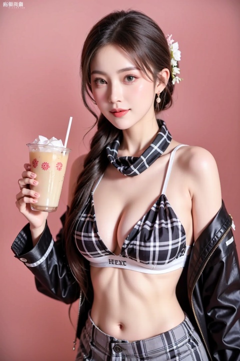  azhiichigo style,big eyes, thick lines, cute,(seductive smile;1.2),1 girl, argyle, bangs, blonde hair, blue eyes, blunt bangs, border, bubble tea, checkered,Navel, waist chain,checkered background, checkered kimono, checkered legwear, checkered scarf, checkered shirt, checkered skirt, cup, diffraction spikes, eyebrows visible through hair, gradient, gradient background, heart, heterochromia, holding, jacket, long sleeves, Female focus, outside border, pink background, plaid, plaid background, plaid bikini, plaid dress, plaid jacket, plaid pants, plaid scarf, plaid shirt, scarf, short hair, signature, solo, sparkle, sparkle background, unmoving pattern, upper body, white border, looking at viewer, simple background, shirt, closed mouth, flower, hand up, black shirt, grey jacket,Fashion Style, qipao, white one, blackdress,治疗