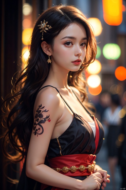 1girl, solo, long hair, breasts, looking at viewer, brown hair, black hair, hair ornament, gloves, holding, brown eyes, jewelry, closed mouth, upper body, earrings, japanese clothes, black gloves, fingerless gloves, kimono, blurry, from side, lips, fingernails, tattoo, makeup, mask, blurry background, realistic, nose, arm tattoo, fox mask, holding mask